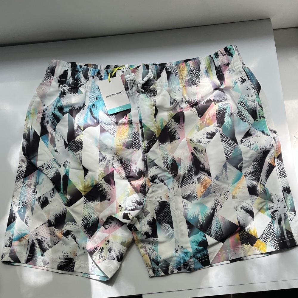 Mens Swim Trunks / Shorts | Abstract Grid Pattern with Palm Trees